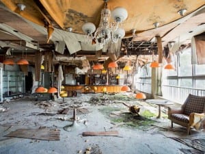 Reginald Van de Velde, from the Haikyo series, 2012. Japan. The crumbling lobby / bar of a big hotel complex along the Japanese shores.